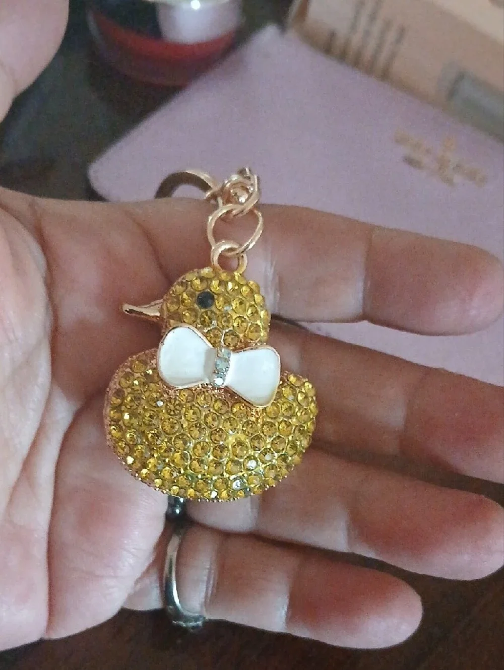 Yellow Crystal Duck Keychain with White Bow